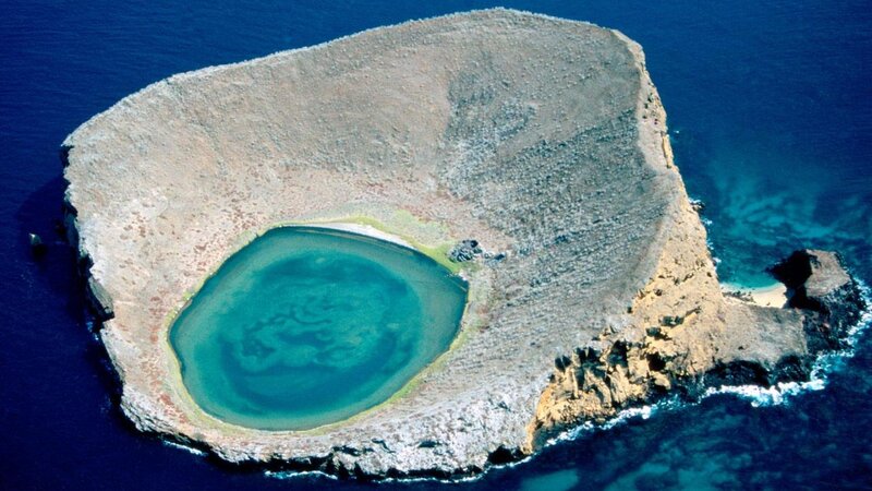 Volcanic Island with Crater Lake — Blue, Serene, Afternoon