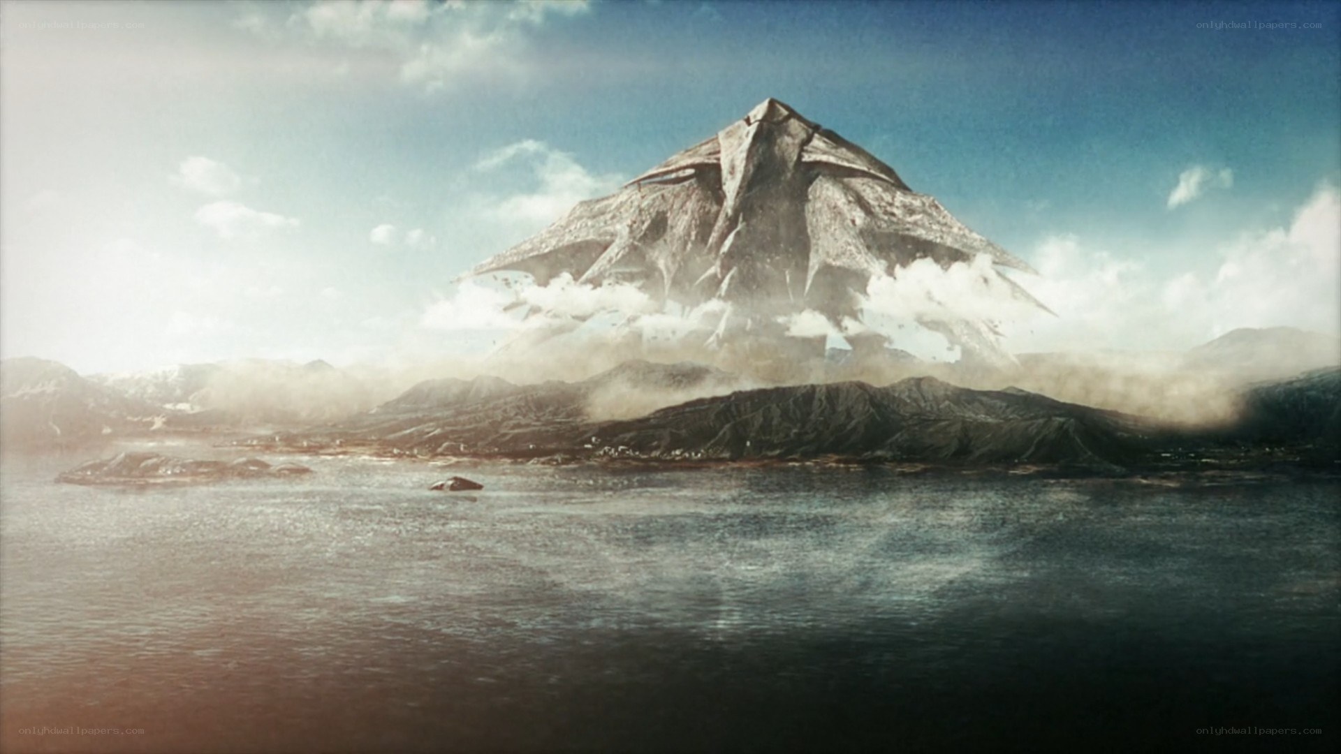 volcanic island with erupting mountain