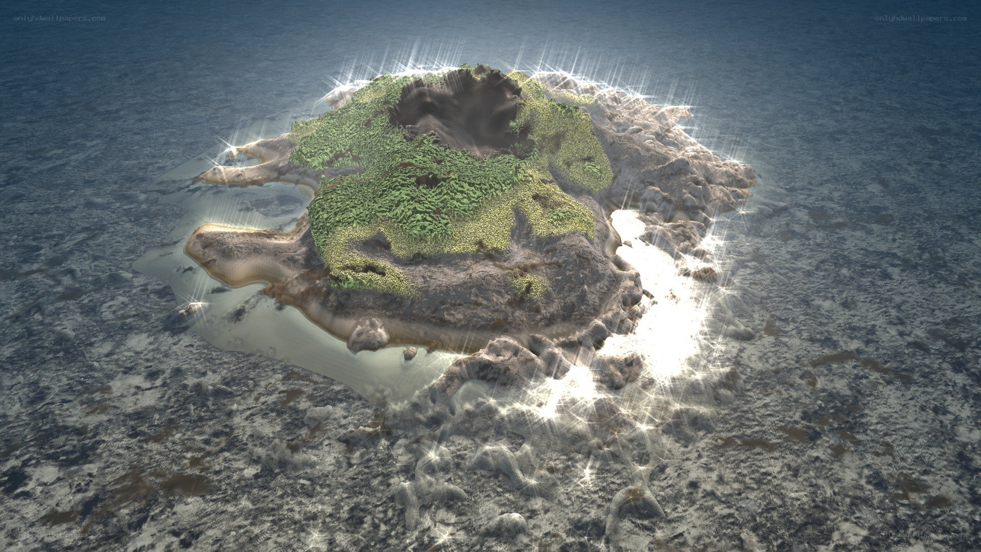 volcanic island with glowing light