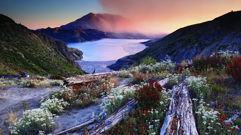 Volcanic Lake at Sunset — Purple