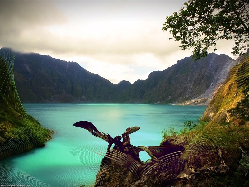 Volcanic lake with futuristic sculpture