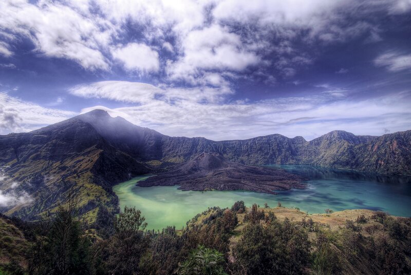Volcanic lake with green water