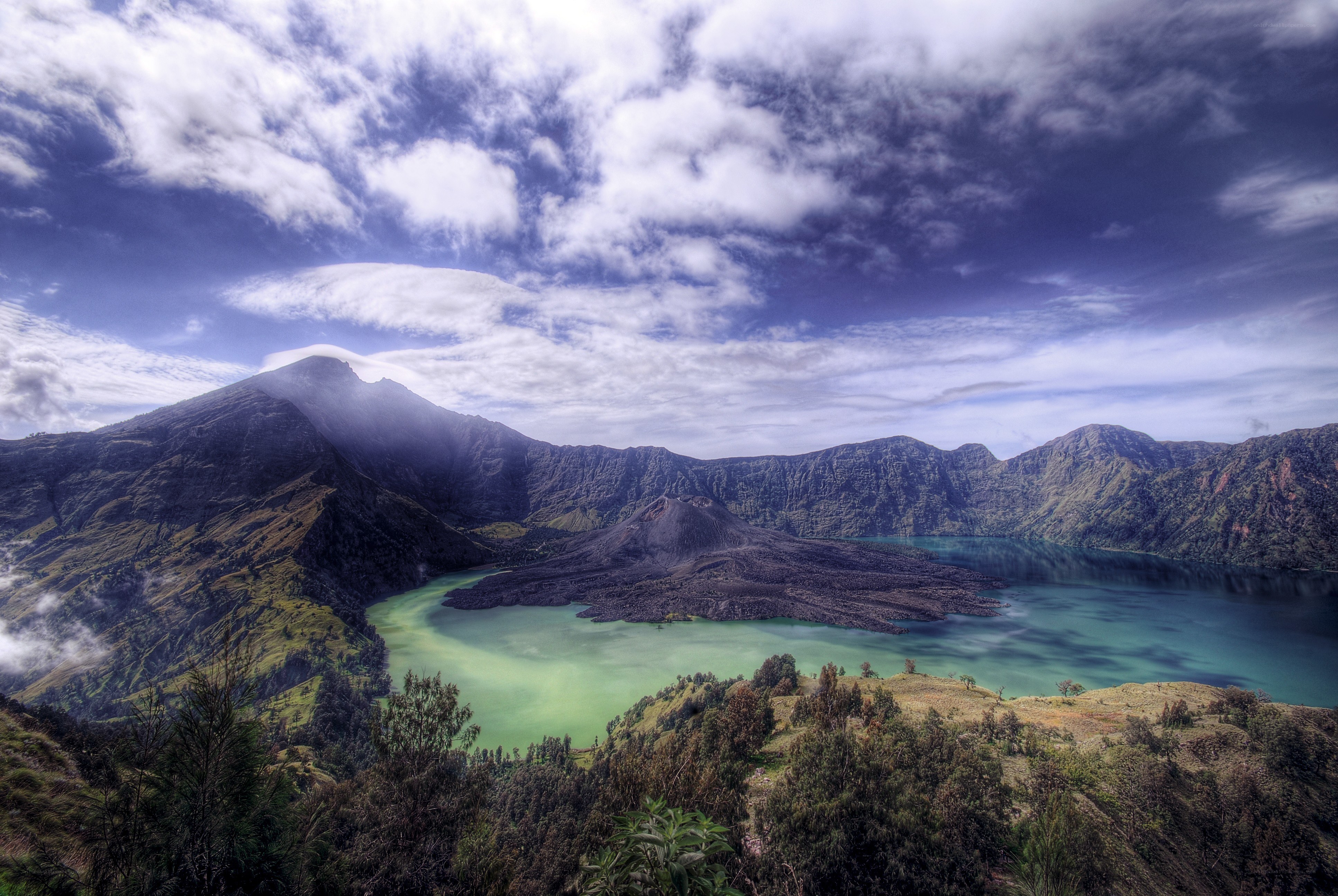 Volcanic lake with green water