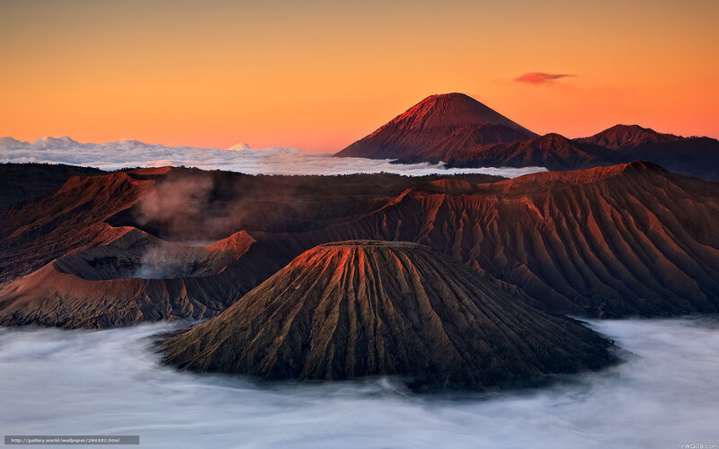 Volcanic Landscape at Sunrise — Orange, Dramatic, Photograph, Mountains, Clouds