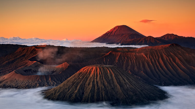 Volcanic Landscape at Sunrise — Orange, Dramatic, Photograph, Mountains