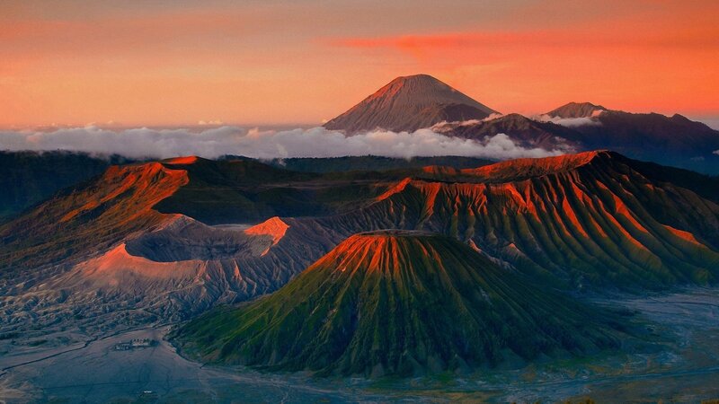 Volcanic Landscape at Sunrise — Orange, Dramatic, Photograph