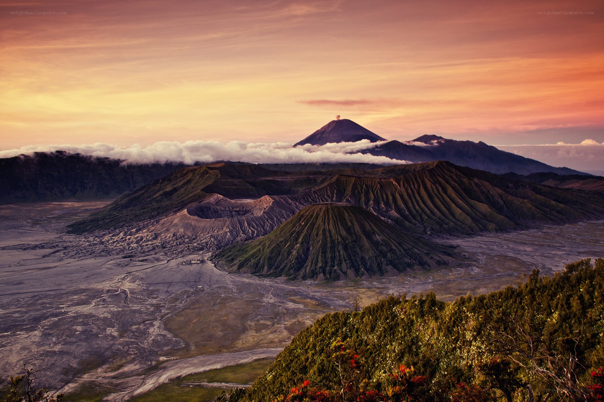 volcanic landscape at sunset