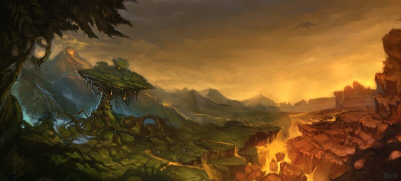 Volcanic Landscape at Sunset — Orange, Dramatic, Digital Art, Mountain