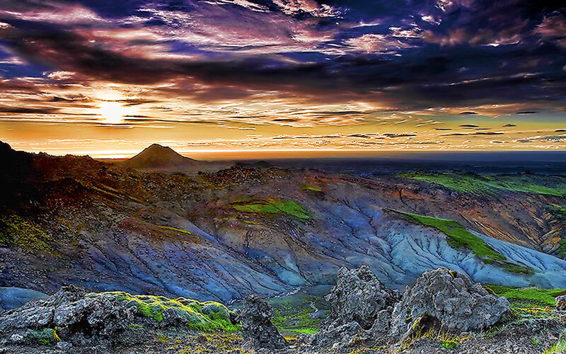 Volcanic Landscape at Sunset — Purple
