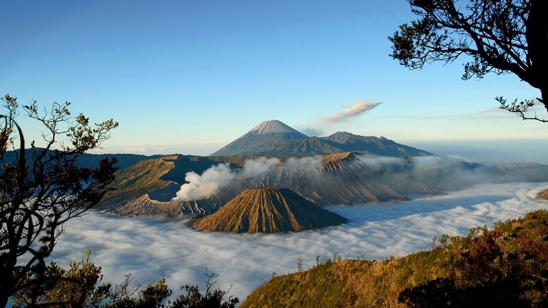 Volcanic Landscape — Blue, Serene, Morning, Photograph, Mountains, Clouds, Trees, White