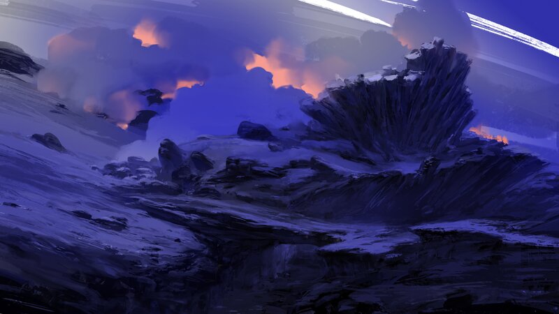 Volcanic Landscape — Purple, Dramatic, Night