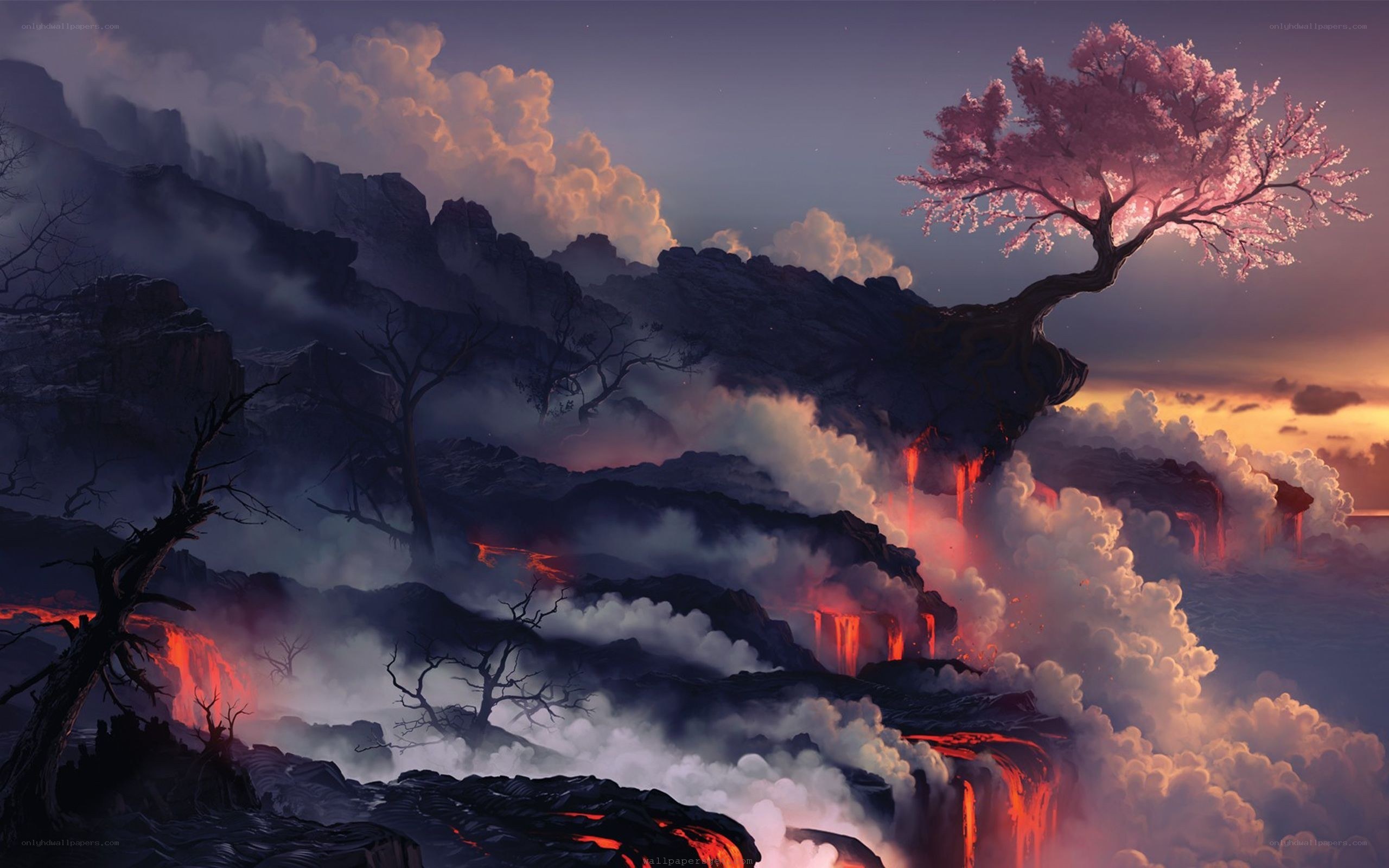 Volcanic landscape with cherry blossom