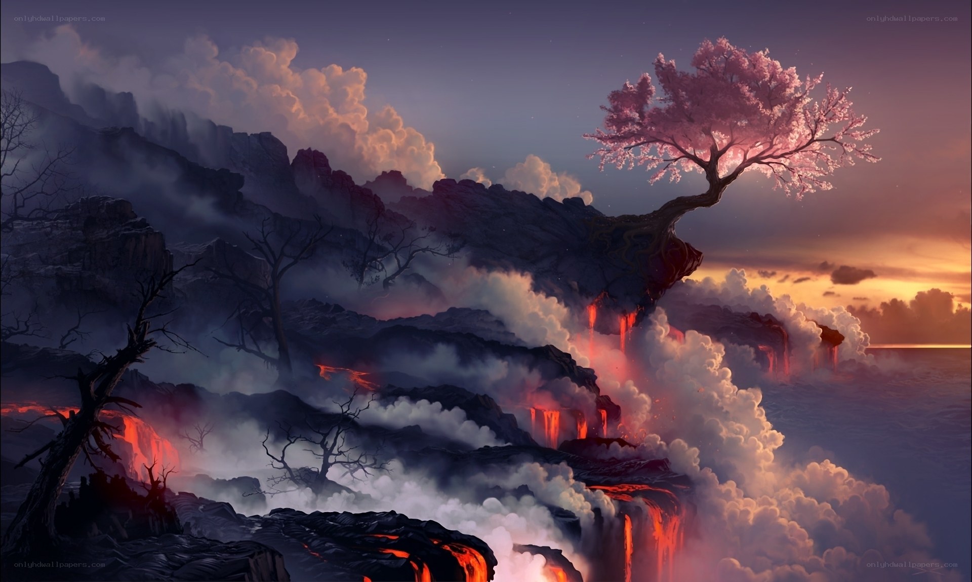 Volcanic landscape with cherry blossom