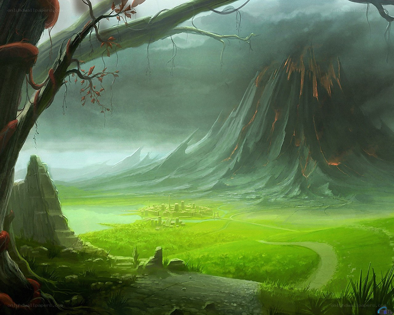 Volcanic landscape with city