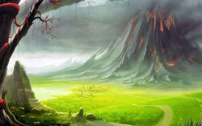 Volcanic Landscape with City — Green, Dramatic, Digital Art, Mountain