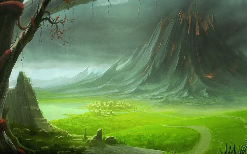 Volcanic landscape with city