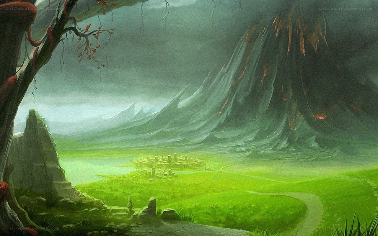 Volcanic landscape with city