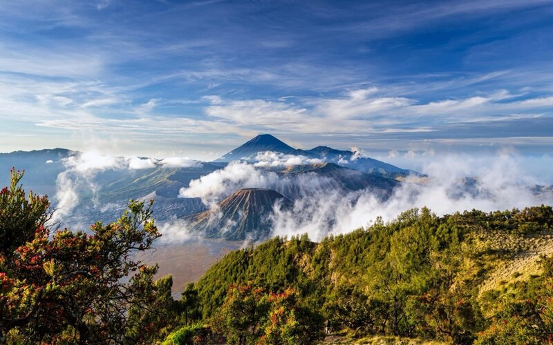 Volcanic Landscape with Clouds — Blue, Serene, Morning, Photograph, Mountains