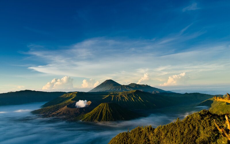 Volcanic Landscape with Clouds — Blue, Serene, Morning, Photograph, Mountains, Volcano, Forest