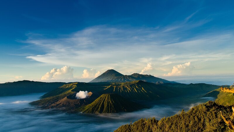 Volcanic Landscape with Clouds — Blue, Serene, Morning
