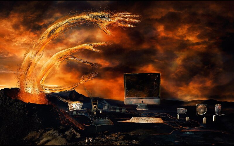 Volcanic Landscape with Computer — Orange, Dramatic