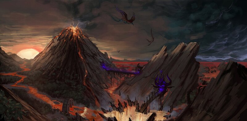 Volcanic landscape with flying creatures