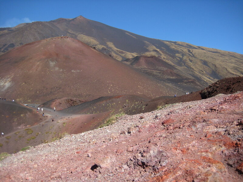 Volcanic Landscape with Hikers — Red