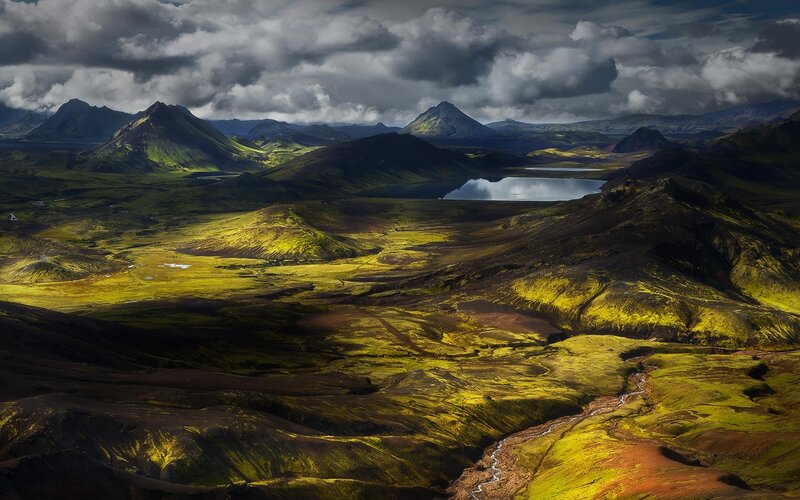 Volcanic Landscape with Lake — Green, Dramatic