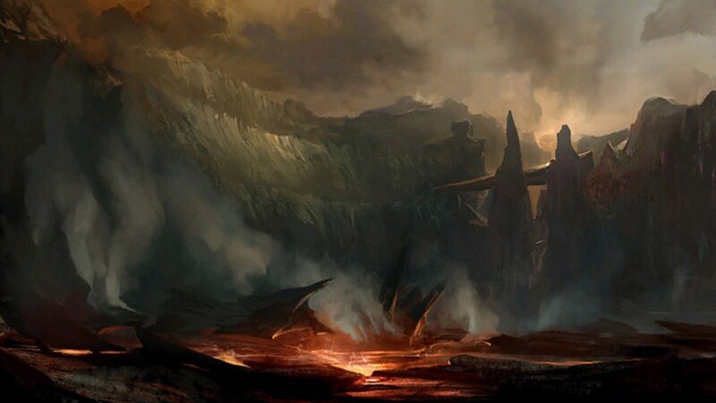 volcanic landscape with ruins