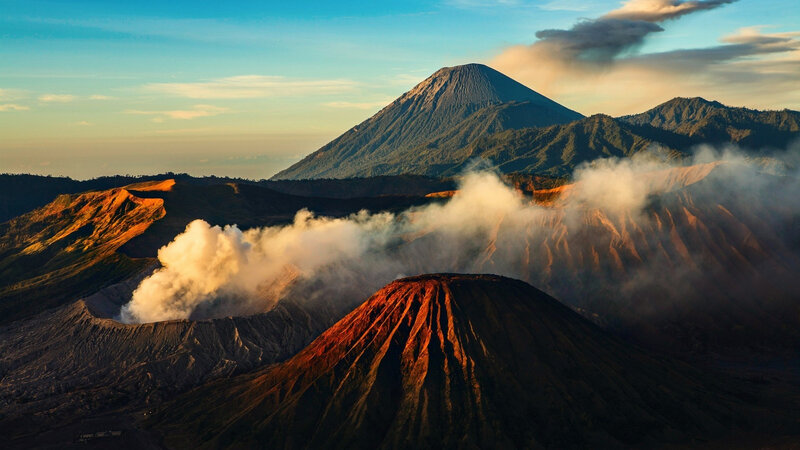 Volcanic Landscape with Smoke — Brown