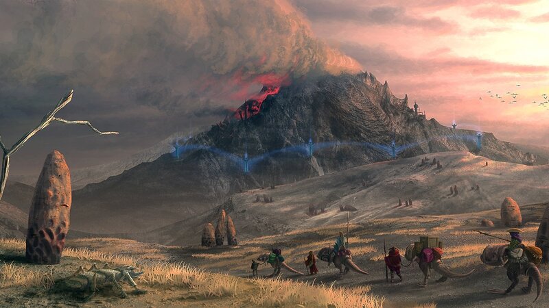 Volcanic landscape with travelers