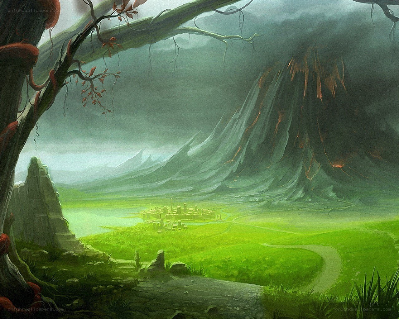 Volcanic landscape with village