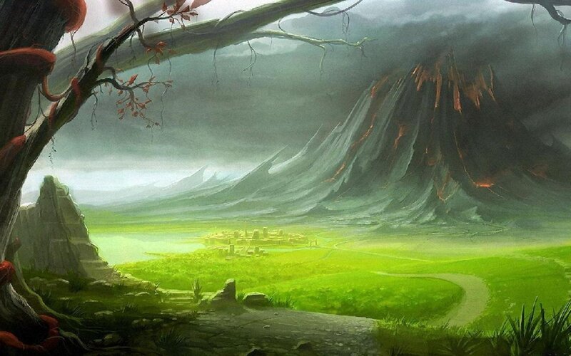 Volcanic landscape with village