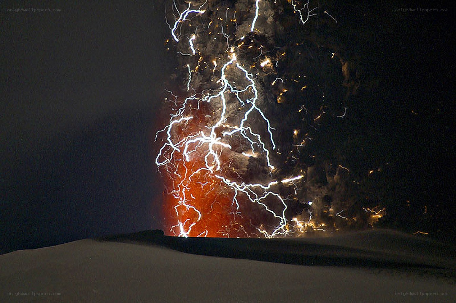 Volcanic lightning at night