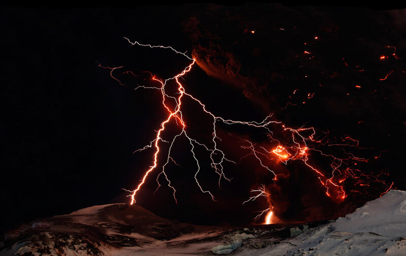 Volcanic lightning at night