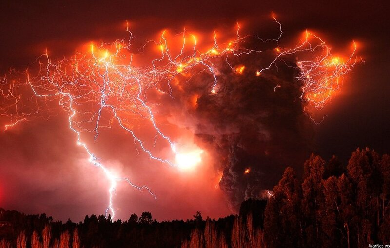 Volcanic Lightning Storm — Red, Dramatic, Night, Photograph, Ash Cloud, Trees