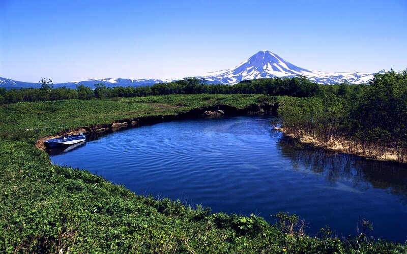 Volcanic mountain and river landscape