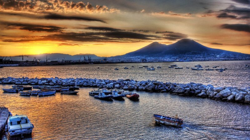 Volcanic Mountain at Sunset — Orange, Dramatic, Photograph, Boats, Harbor