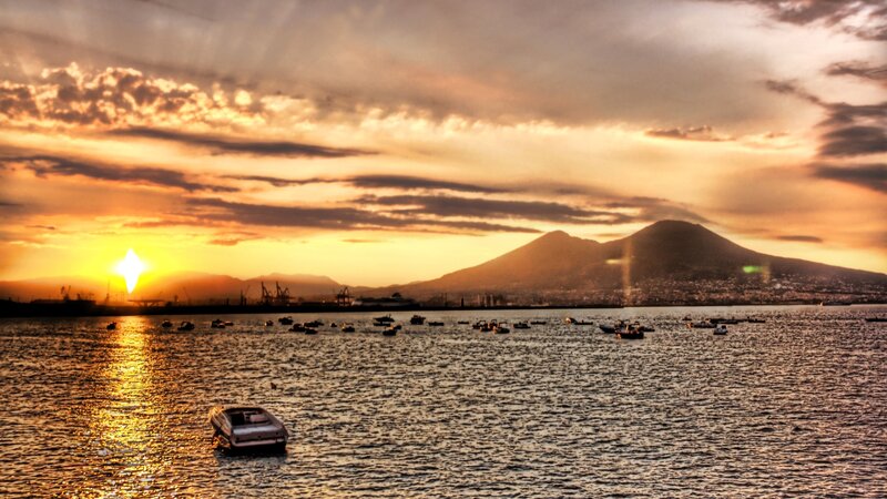Volcanic Mountain at Sunset — Orange, Dramatic, Photograph