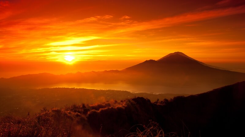 Volcanic Mountain at Sunset — Orange, Dramatic