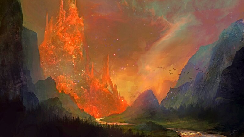 Volcanic Mountain Landscape — Orange, Dramatic, Night
