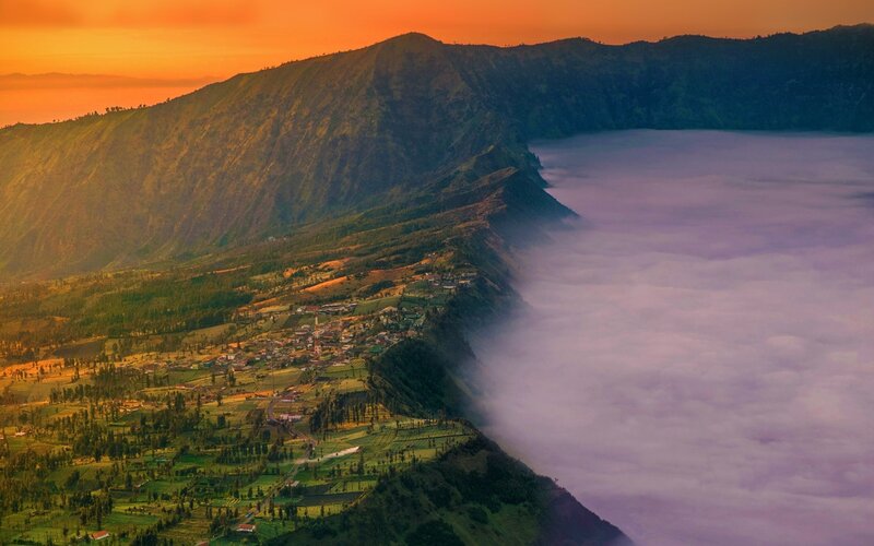 Volcanic Mountain Landscape — Orange, Serene, Sunrise