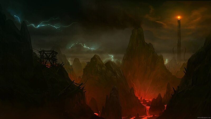 Volcanic Mountain Landscape — Red, Dramatic, Night