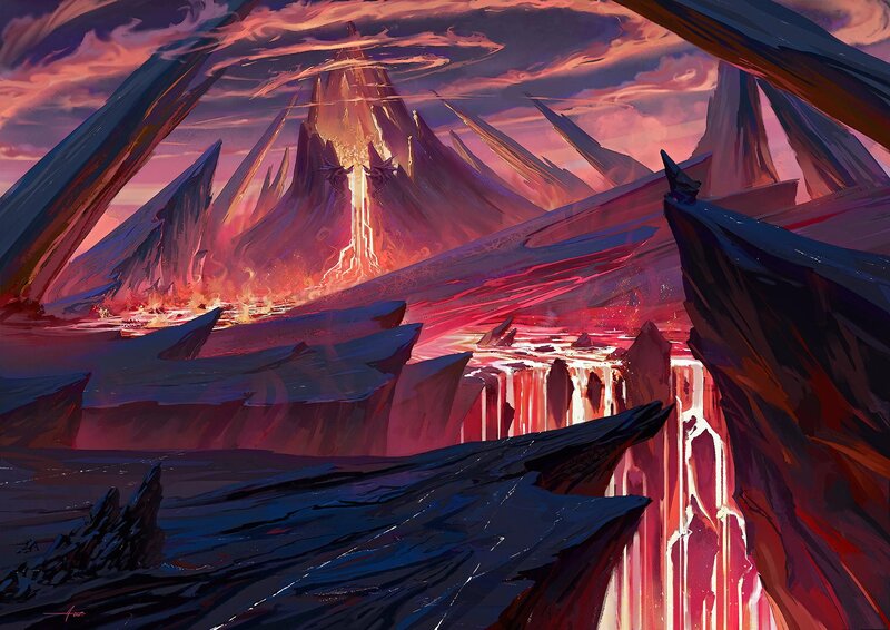 Volcanic Mountain Landscape — Red, Dramatic, Sunset