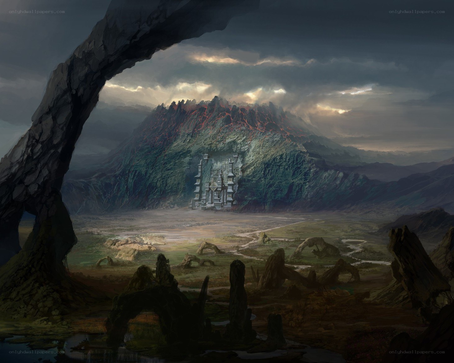 Volcanic mountain with ancient ruins