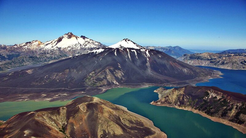 volcanic mountains and lake