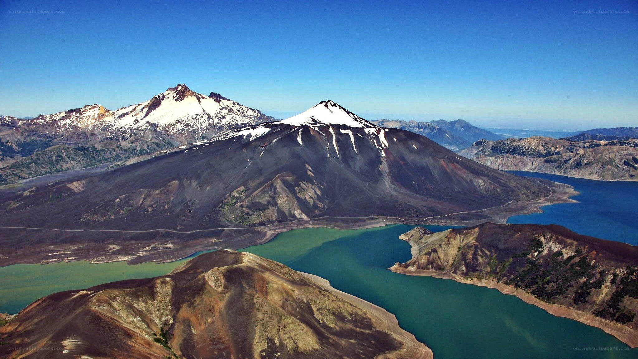 volcanic mountains and lake