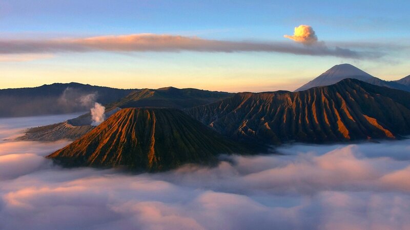 Volcanic Mountains at Sunrise — Blue