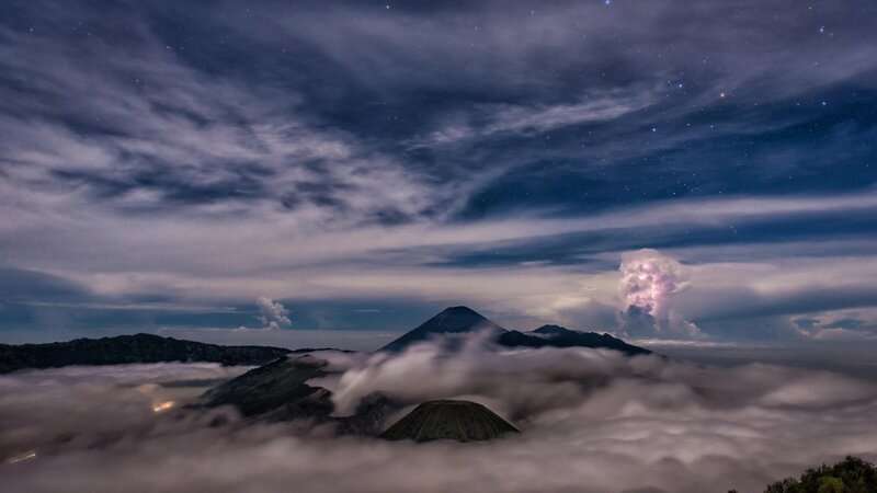 Volcanic Peaks Above Clouds — Purple, Dramatic