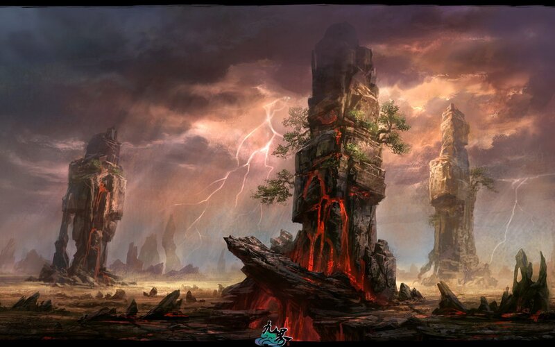 Volcanic rock formations under storm